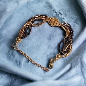 Multi Strand Brass Diamond Shaped Black Seed Bead Bracelet Boho Style Extender